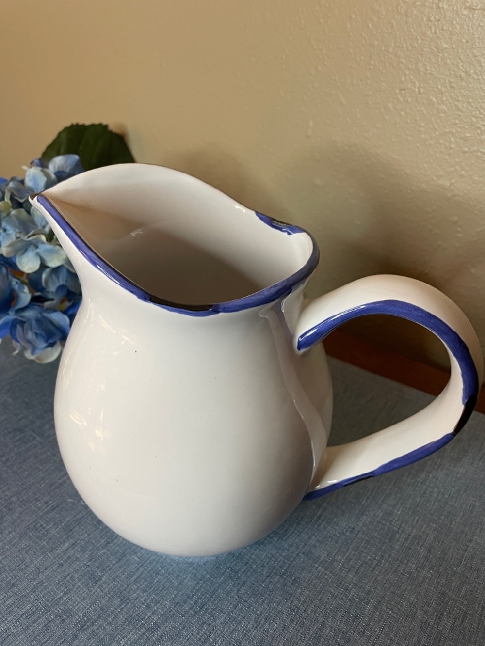 Vintage White Ceramic Pitcher with Blue Trim-Shabby Chic Cottagecore Style